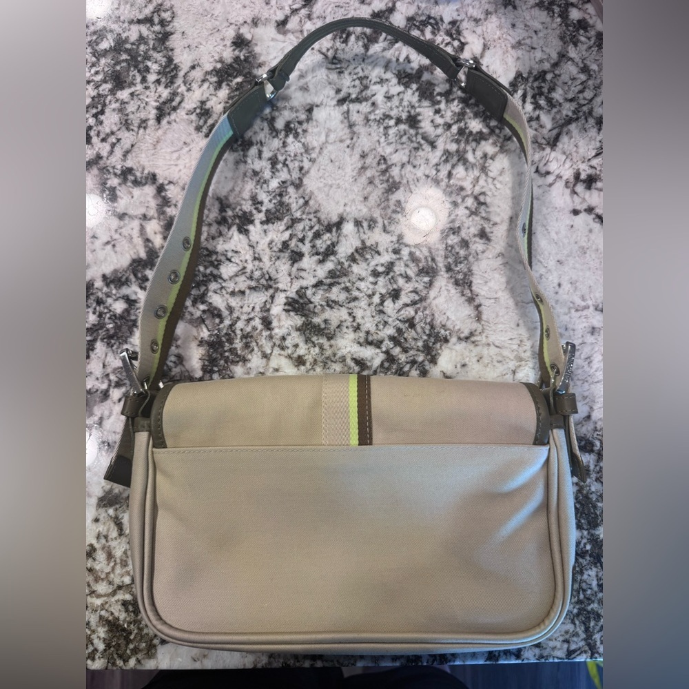 Vintage Longchamp Beige Olive Stripe Shoulder Bag Y2K Baguette France - Picture 8 of 12